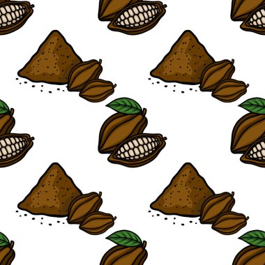 Seamless vector pattern featuring hand-drawn cocoa pods and a mound of cocoa powder, showcasing a rich brown color palette with green leaf accents.