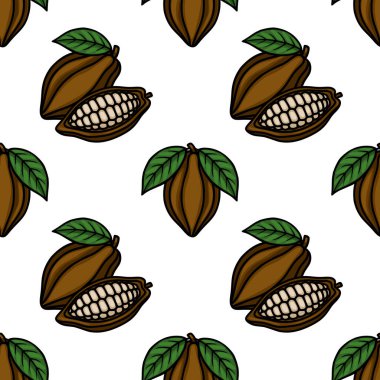 Açık fasulye ve yeşil yapraklı kakao kabuklarının kusursuz vektör deseni beyaz arka planda büyüleyici, el çizimi bir stil oluşturur..