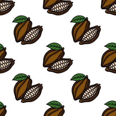 Seamless vector pattern of ripe brown cocoa pods with visible beans and green leaves, set against a clean white background.