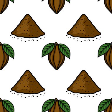 Seamless vector pattern featuring piles of cocoa powder and fresh cocoa pods with leaves, perfect for food-related designs.