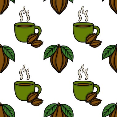 Yapraklı kakao kabuklarının yanında dumanı tüten sıcak çikolata içeren kusursuz bir vektör deseni var..