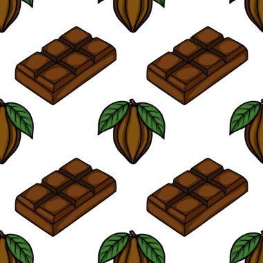 Seamless vector pattern featuring isometric chocolate bars and cocoa pods with green leaves on a white background.
