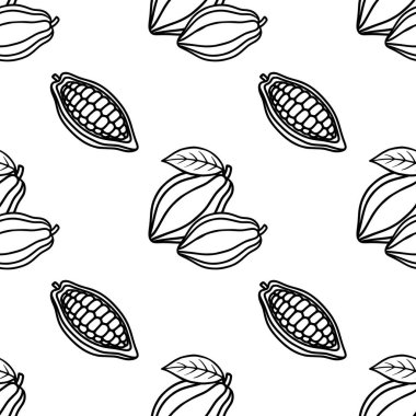 Seamless vector pattern featuring hand-drawn cocoa pods and beans, with a focus on their internal structure and delicate leaves, presented in a clean, minimalist black and white line art style.