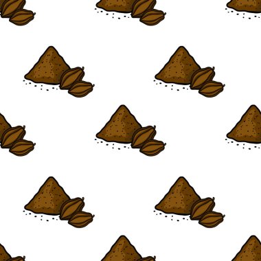 A repeating vector pattern of cocoa pods and rich brown cocoa powder, creating a warm, earthy background.