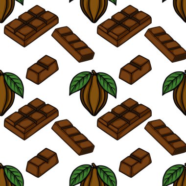 Seamless vector pattern featuring isometric milk chocolate bars and cocoa pods with green leaves.