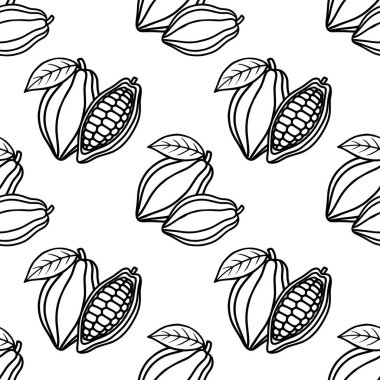 Seamless vector pattern of stylized cocoa pods with leaves on a white background, featuring a clean line art design.