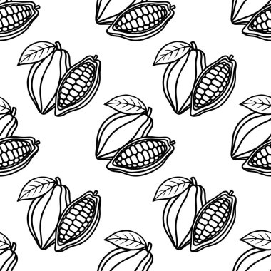 Seamless vector pattern of stylized cocoa pods and leaves in a minimalist black and white line art style, evoking a natural and organic feel.