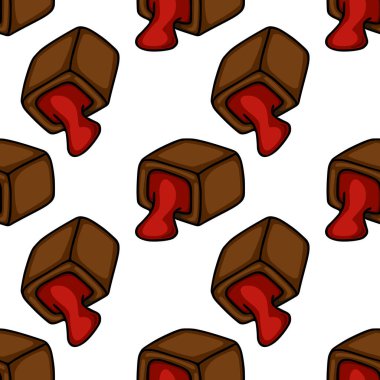 A delightful vector pattern featuring chocolate candies with flowing red filling, presented in a playful, hand-drawn style.