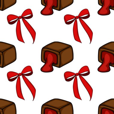 A delightful seamless vector pattern featuring rich brown chocolate confections with vibrant red liquid filling, adorned with charming red bows, set against a clean white background.