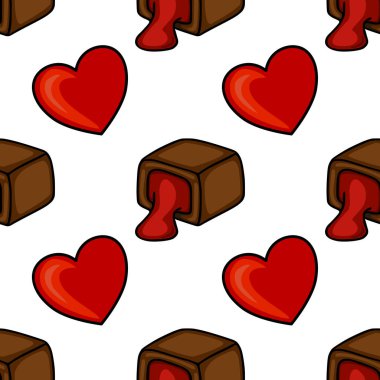 Tatlı temalı arka planlar için mükemmel kırmızı kalpleri ve yapışkan kırmızı dolgusu olan lezzetli çikolata bonbonları içeren kusursuz bir vektör deseni..