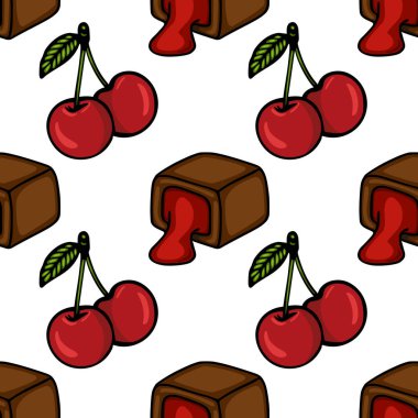 Seamless vector pattern of stylized chocolate candies with red cherry filling and fresh cherries with leaves.