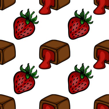 Kırmızı dolgulu çilek ve çikolata şekerlemeleri içeren hoş bir vektör deseni, temiz beyaz arka planda ayarlanmış..