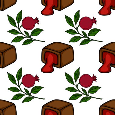 Pürüzsüz vektör deseni, parlak kırmızı renkli, dalgalı çikolatalarla koyu kırmızı narlardan ve yemyeşil yapraklardan oluşan ince dallarla sarmalanmış, nefis bir lezzet yaratıyor....