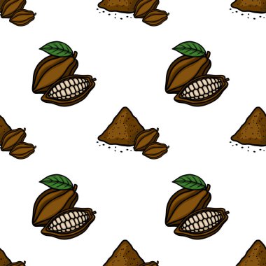 Seamless vector pattern featuring hand-drawn cocoa pods and cocoa powder, evoking a rich, natural, and sweet confectionery theme.