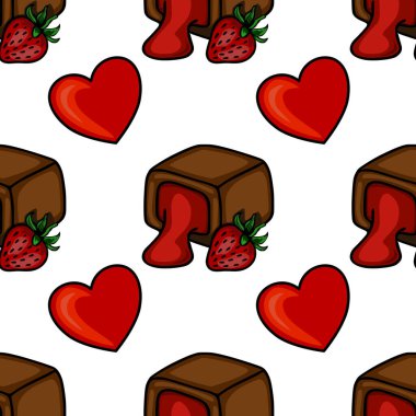 Kırmızı çilek dolgulu ve stilize kalp şekilli zengin çikolatalı şekerlemeler içeren kusursuz vektör deseni, tatlı ve romantik bir temayı çağrıştırıyor..