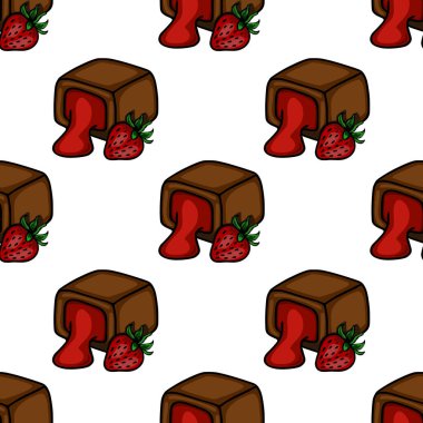 A delightful vector pattern featuring rich chocolate cubes with oozing strawberry filling and fresh strawberries, perfect for sweet treat designs.