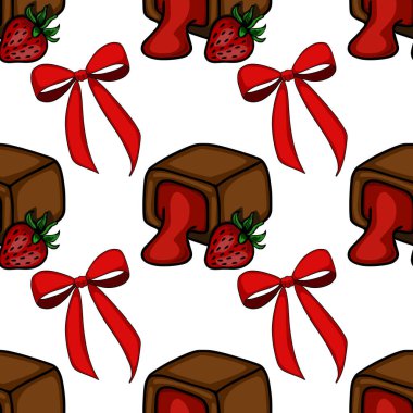 Seamless vector pattern featuring stylized chocolate confections filled with red jam, complemented by vibrant red bows and fresh strawberries, creating a delightful and festive design.