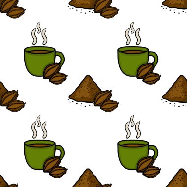 Seamless vector pattern featuring a steaming cup of hot chocolate with cocoa beans and a pile of cocoa powder, rendered in a charming hand-drawn style.