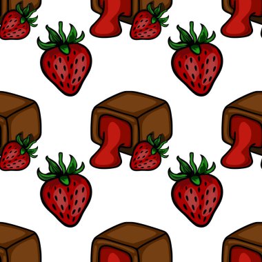 Charming vector pattern featuring a delightful combination of rich chocolate cubes with flowing strawberry filling and vibrant fresh strawberries.