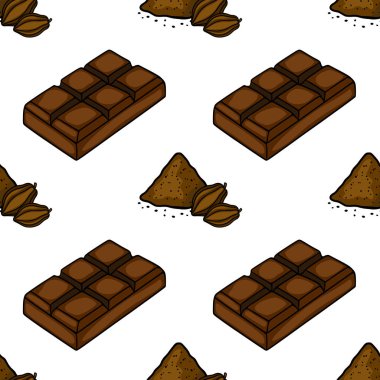 Seamless isometric vector pattern featuring rich dark chocolate bars and cocoa beans with powder.