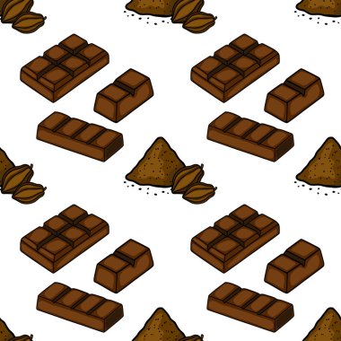 Seamless vector pattern of rich dark chocolate bars and cocoa beans, presented in a playful isometric perspective with a clean white background.