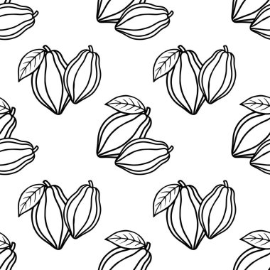 Seamless vector pattern of stylized cocoa pods with leaves, rendered in a clean, minimalist black and white line art style for a graphic and modern aesthetic.