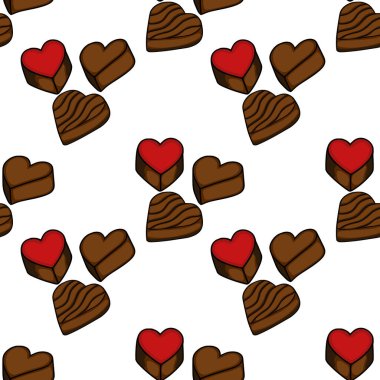 Zengin kahverengi tonlu çeşitli kalp şekilli çikolatalar ve canlı kırmızı tepeli bir çeşitlilik içeren büyüleyici bir vektör deseni var. Şekerlemeler için mükemmel..
