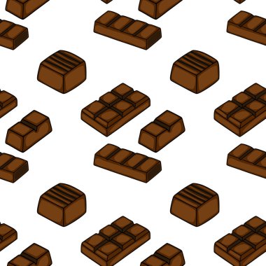 Seamless isometric vector pattern of various chocolate bars and pieces on a white background.