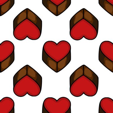 Seamless vector pattern of stylized heart-shaped chocolate candies with rich brown bases and vibrant red fillings, perfect for confectionery branding and romantic themes.