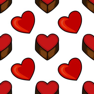 Beyaz arka planda koyu kahverengi bazlı, biçimlendirilmiş kırmızı kalp şeklindeki çikolataların kusursuz vektör deseni tatlı ve romantik bir temayı çağrıştırıyor..