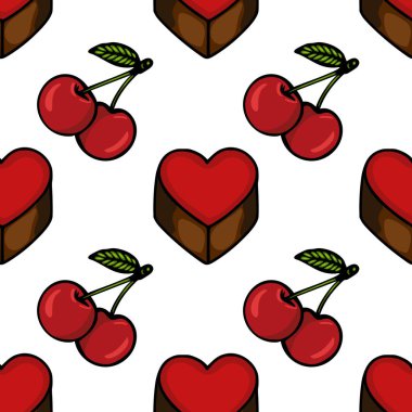 Whimsical seamless vector pattern featuring heart-shaped chocolates and ripe cherries with green leaves, ideal for confectionery branding and dessert-themed designs.