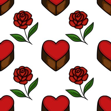 Seamless vector pattern of charming heart-shaped chocolates and delicate red roses with green leaves on a white background, perfect for romantic themes.