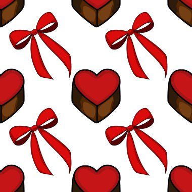 A charming vector pattern featuring heart-shaped chocolates adorned with bright red bows, set against a clean white background.