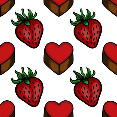 Seamless vector pattern featuring stylized chocolate heart candies and ripe strawberries, with a clean, graphic aesthetic.
