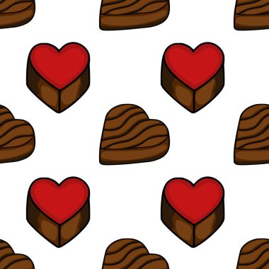 Seamless vector pattern of assorted heart-shaped chocolates with rich brown tones and a vibrant red topping, perfect for confectionery branding and sweet themed designs.