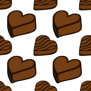 Seamless vector pattern of stylized dark chocolate heart-shaped candies with wavy surface details on a white background.