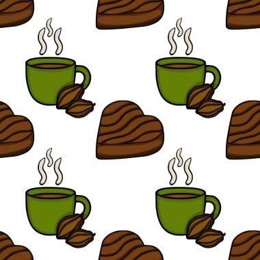 Seamless vector pattern featuring steaming green cups of hot chocolate alongside chocolate heart cookies and cocoa beans.