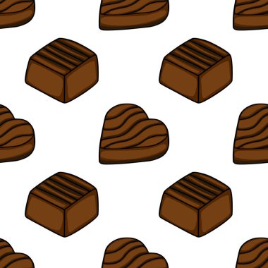 Seamless vector pattern of stylized dark chocolate confections with wavy lines on a white background.