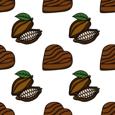 A charming vector seamless pattern featuring stylized cocoa pods, one split open to reveal its beans, and heart-shaped chocolates, all rendered in a warm brown palette with bold black outlines and...