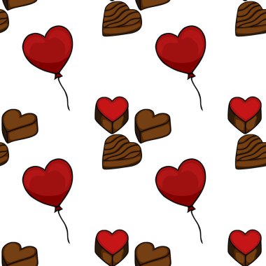 Seamless vector pattern of heart-shaped chocolates and red balloons, perfect for Valentine's Day or sweet treats.