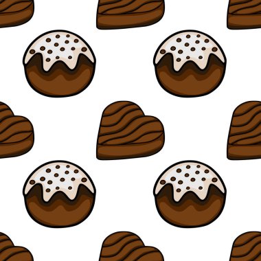Beyaz kremalı ve siyah çikolata noktalı yuvarlak çikolatalar ve zengin kahverengi katmanlı kalp şeklinde çikolatalar içeren büyüleyici çizgi film tarzı çikolatalar içeren hoş, pürüzsüz bir vektör deseni.,...