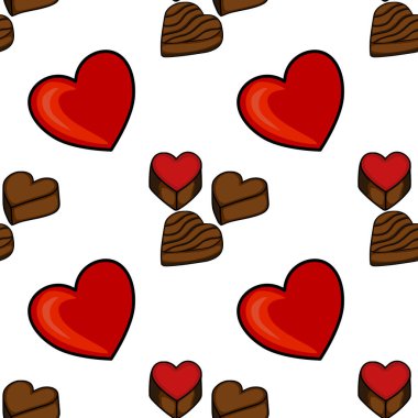 Seamless vector pattern of assorted heart-shaped chocolates and solid red hearts, perfect for confectionery packaging and romantic themes.