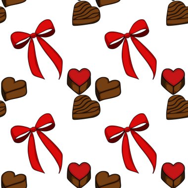 A charming vector pattern featuring assorted heart-shaped chocolates and festive red bows on a clean white background, perfect for celebratory designs.