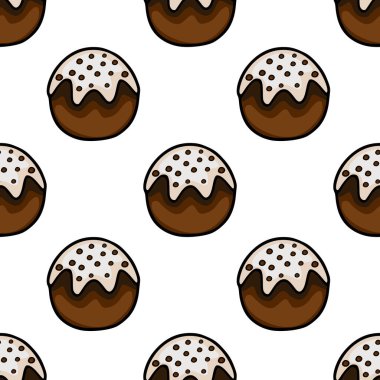 Beyaz kremalı ve siyah çikolata parçalı çikolatalı donutların kusursuz vektör deseni..