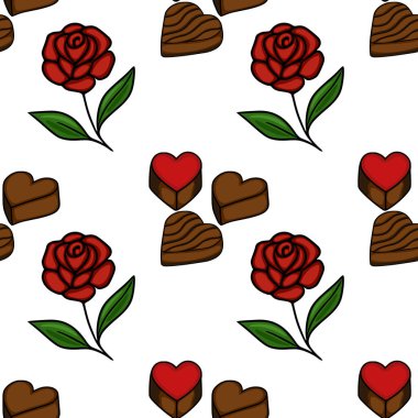Seamless vector pattern of stylized red roses and assorted heart-shaped chocolates, featuring bold black outlines and a clean white background, evoking a romantic and sweet theme.