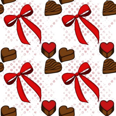 A charming seamless vector pattern featuring stylized heart-shaped chocolates with rich brown and vibrant red glazes, intertwined with bright red bows against a delicate speckled pink background.