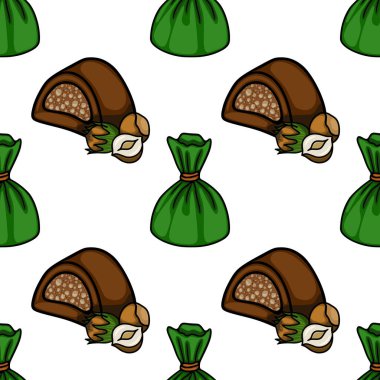 Whimsical vector pattern of chocolate confections with hazelnuts and green candy wrappers, perfect for confectionery packaging and sweet-themed designs.