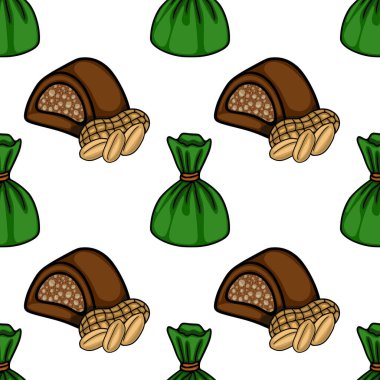 Seamless vector pattern of rich chocolate candies with peanuts and green wrapped sweets.
