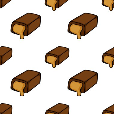 A seamless vector pattern featuring stylized chocolate bars with dripping caramel filling, presented on a clean white background.