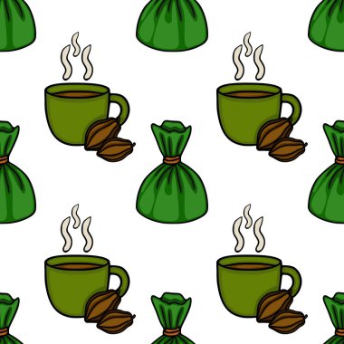 Seamless vector pattern featuring steaming cups of coffee with cocoa beans and green wrapped candies.